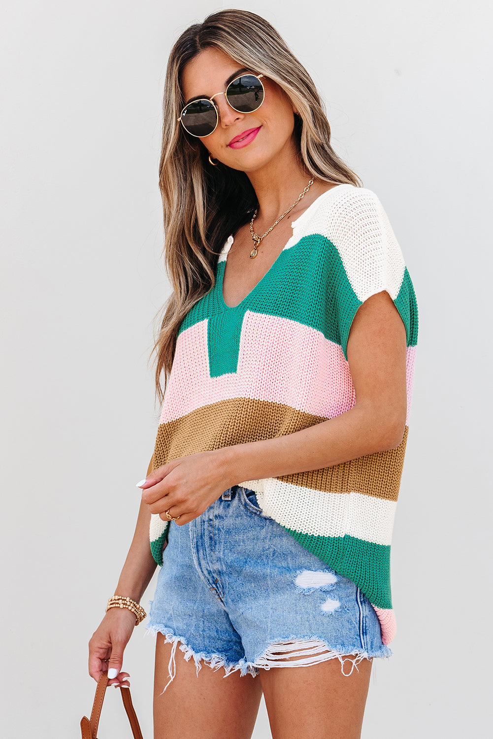 Pink Color Block Notch V Neck T Shirt