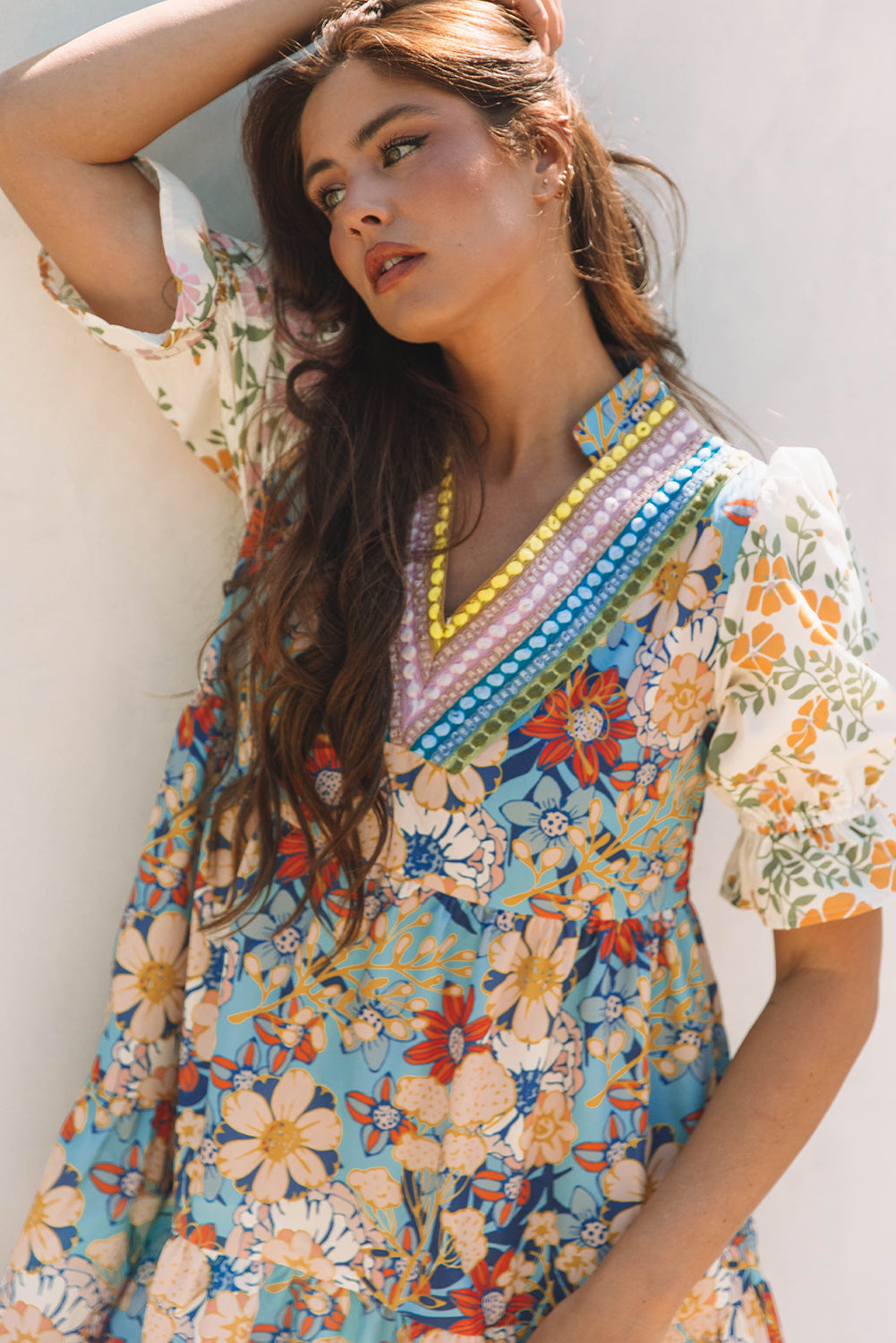 Boho Floral Print Crochet Patchwork Dress