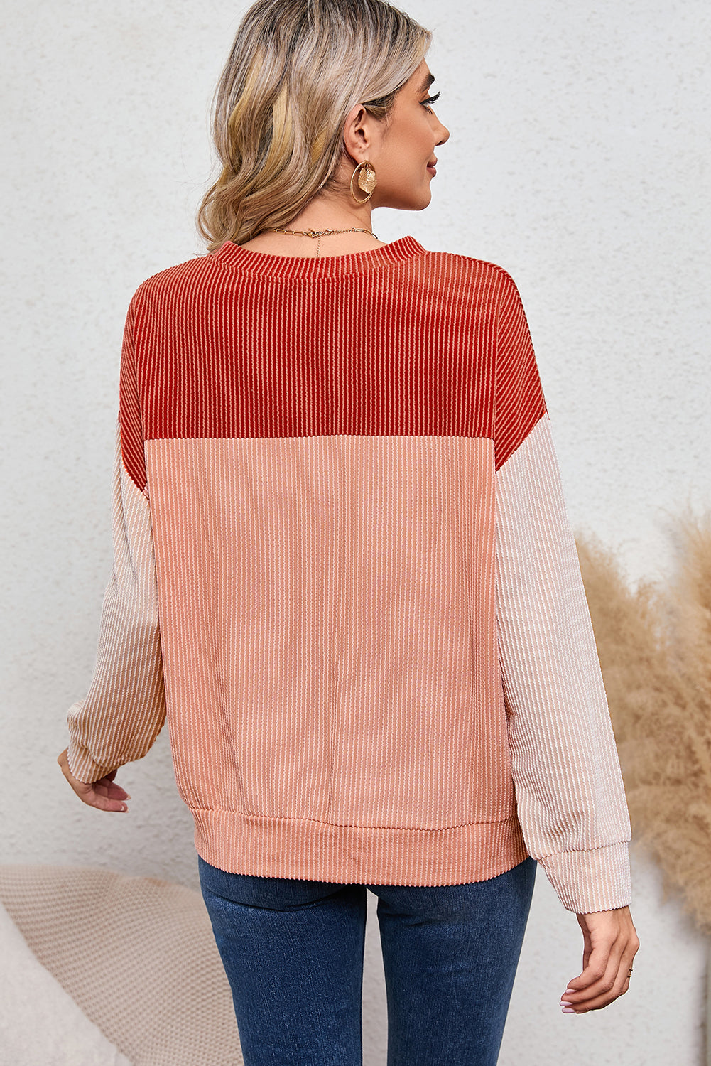 Color Block Ribbed Loose Long Sleeve Top