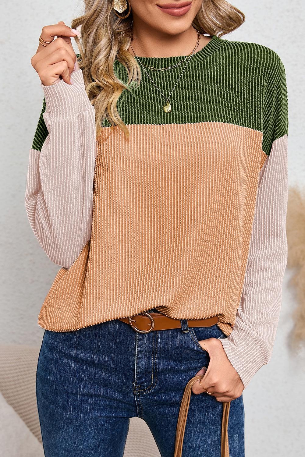 Color Block Ribbed Loose Long Sleeve Top