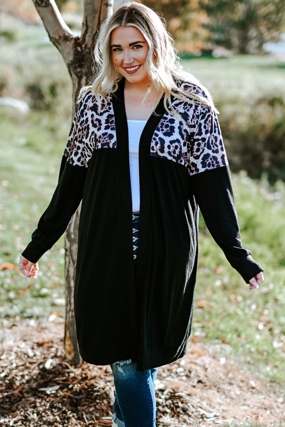 Red Printed Leopard Detail Plus Size Cardigan