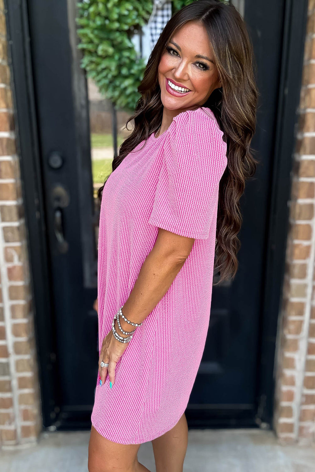 Blossom Corded Knit Crew Neck Puff Sleeve Shift Mini Dress