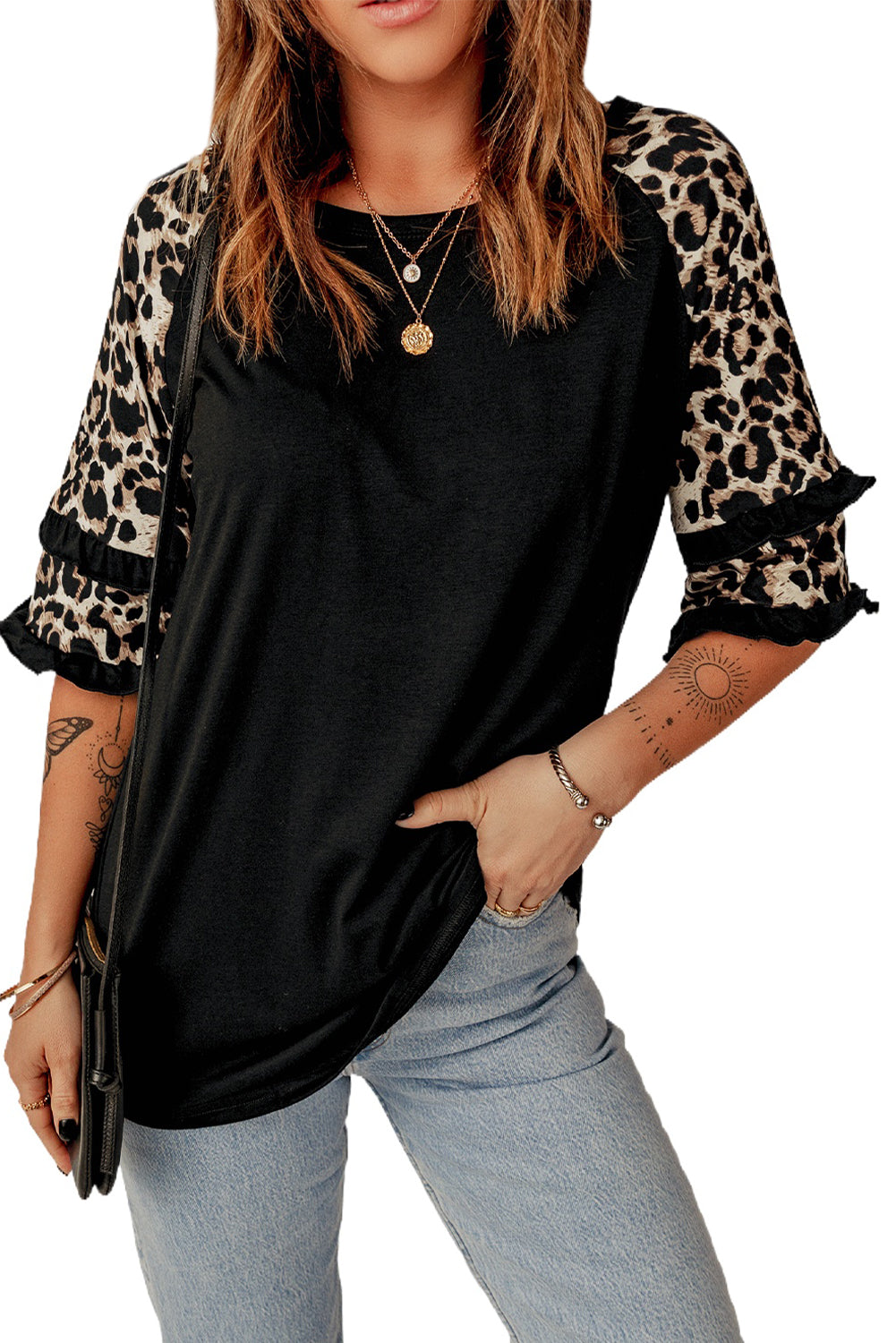 Cheetah Print Tiered Half Sleeve Jewel Neckline Blouse
