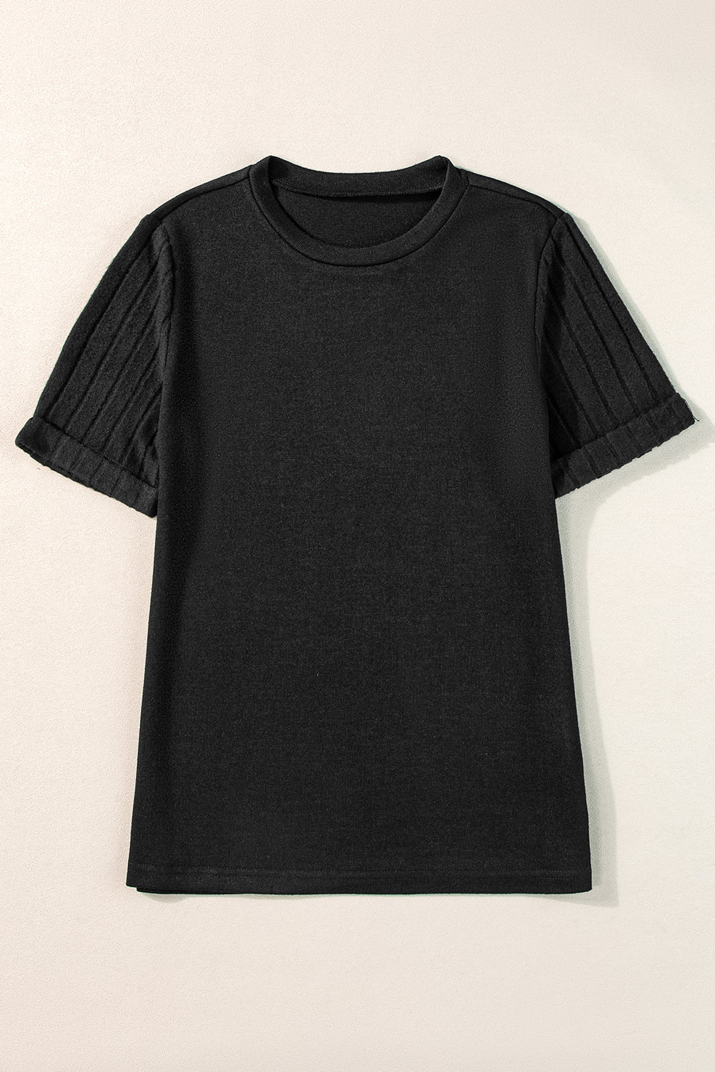 Gray Ribbed Splicing Sleeve Round Neck T-shirt