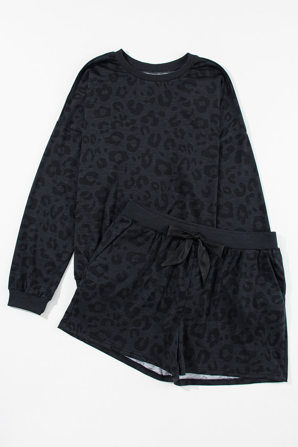 Pink Leopard Long Sleeve Satin Tie Shorts Two Piece Set
