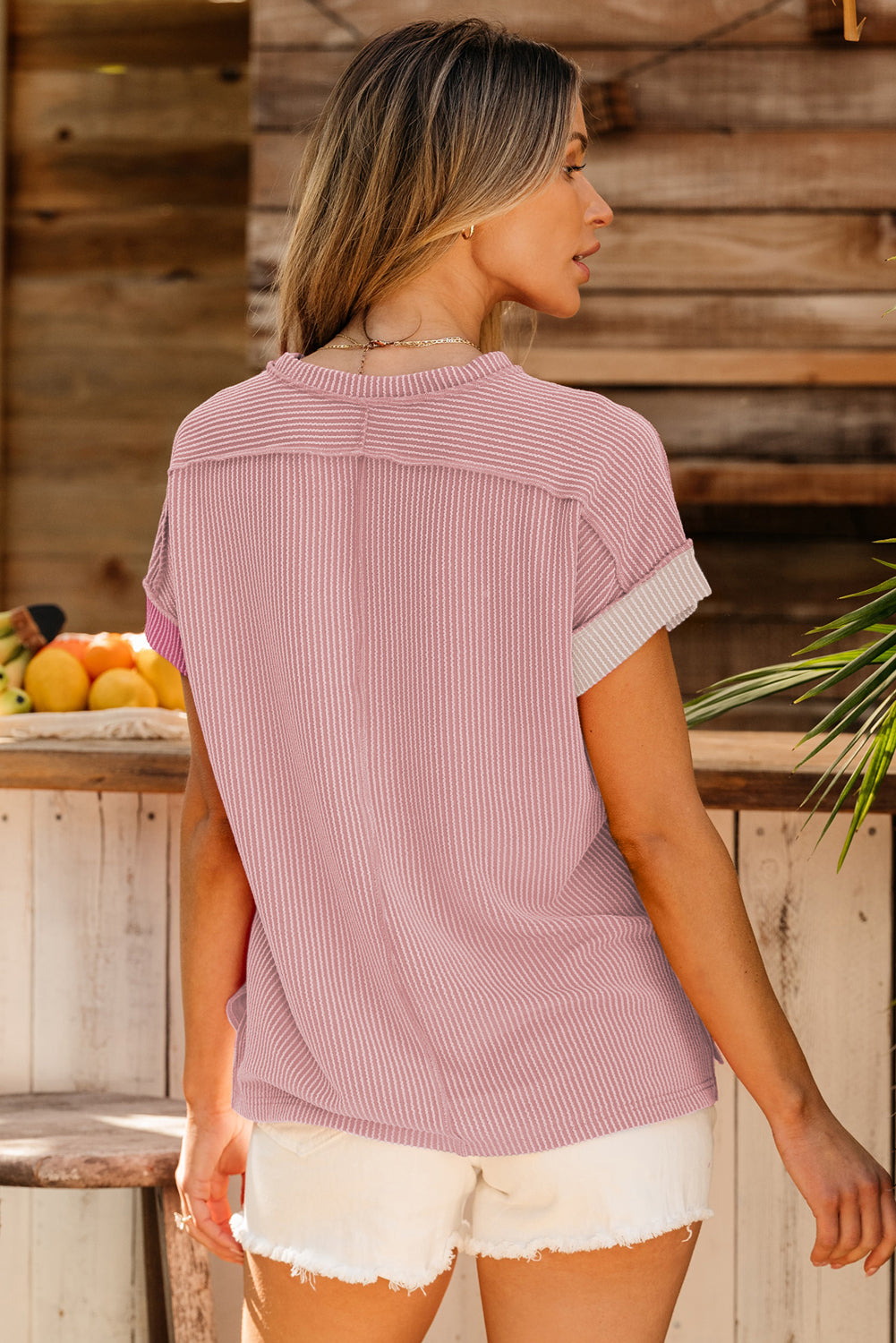 Apricot Pink Textured Colorblock Crew Neck T Shirt