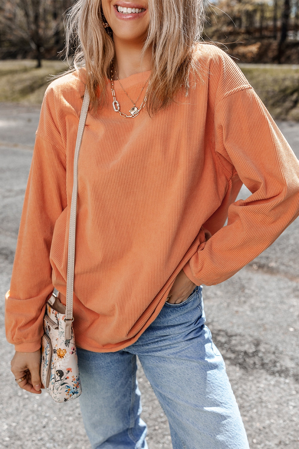 Strawberry Pink Ribbed Corded Oversized Sweatshirt