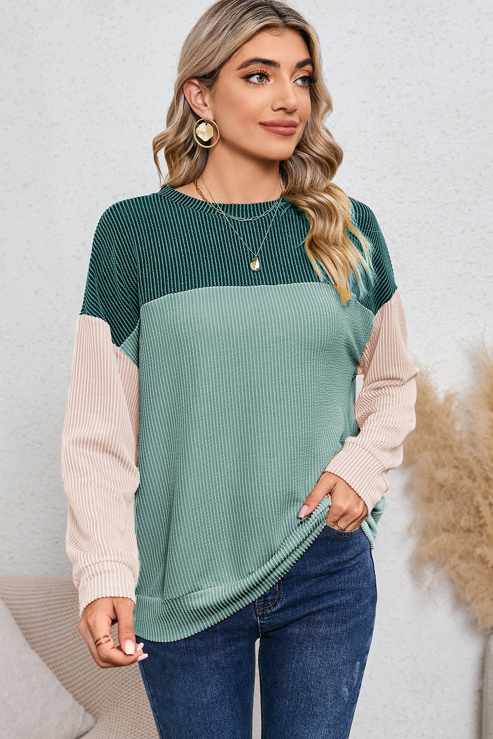 Color Block Ribbed Loose Long Sleeve Top