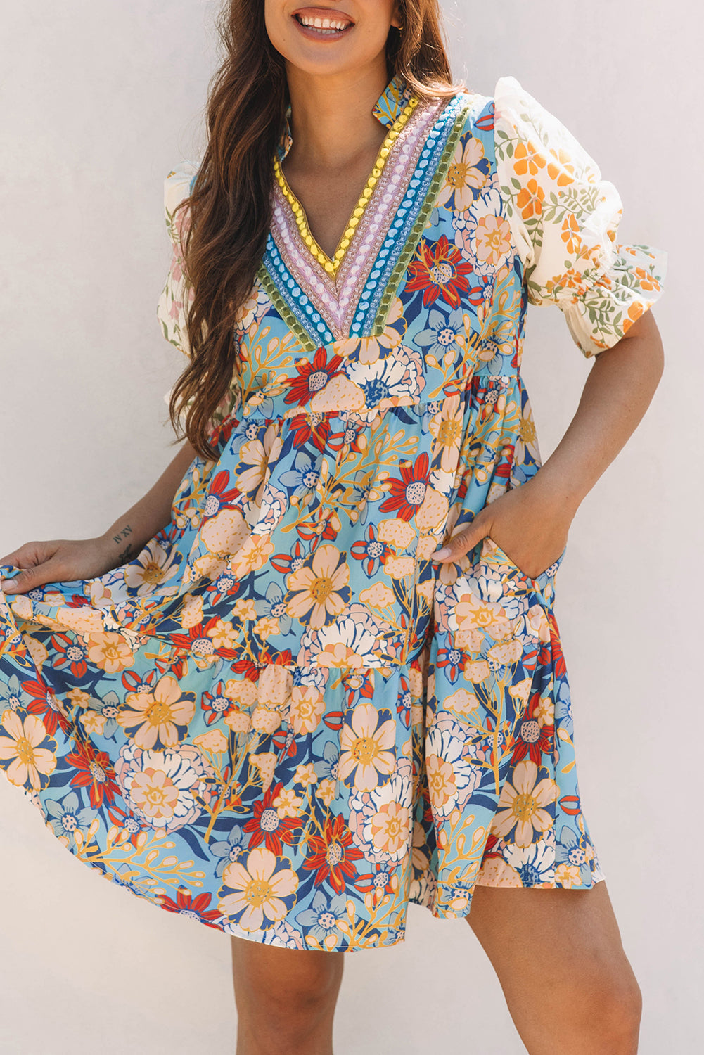 Boho Floral Print Crochet Patchwork Dress