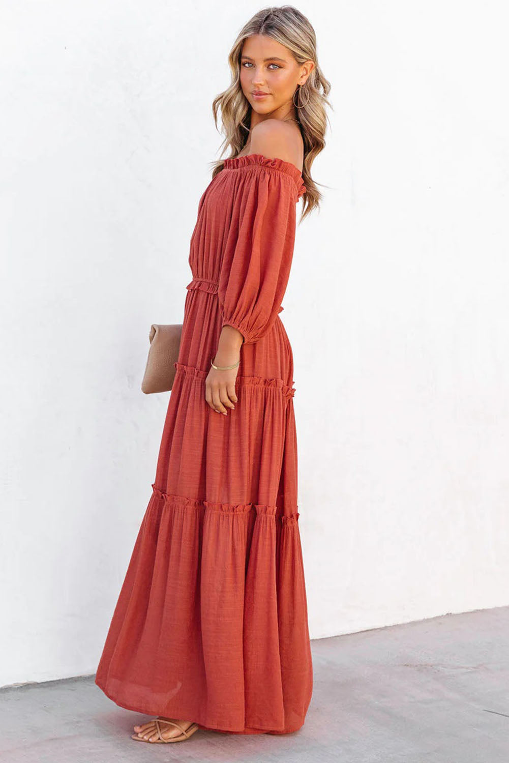 Bare Shoulder Balloon Sleeve Cutout Ruffled Maxi Dress