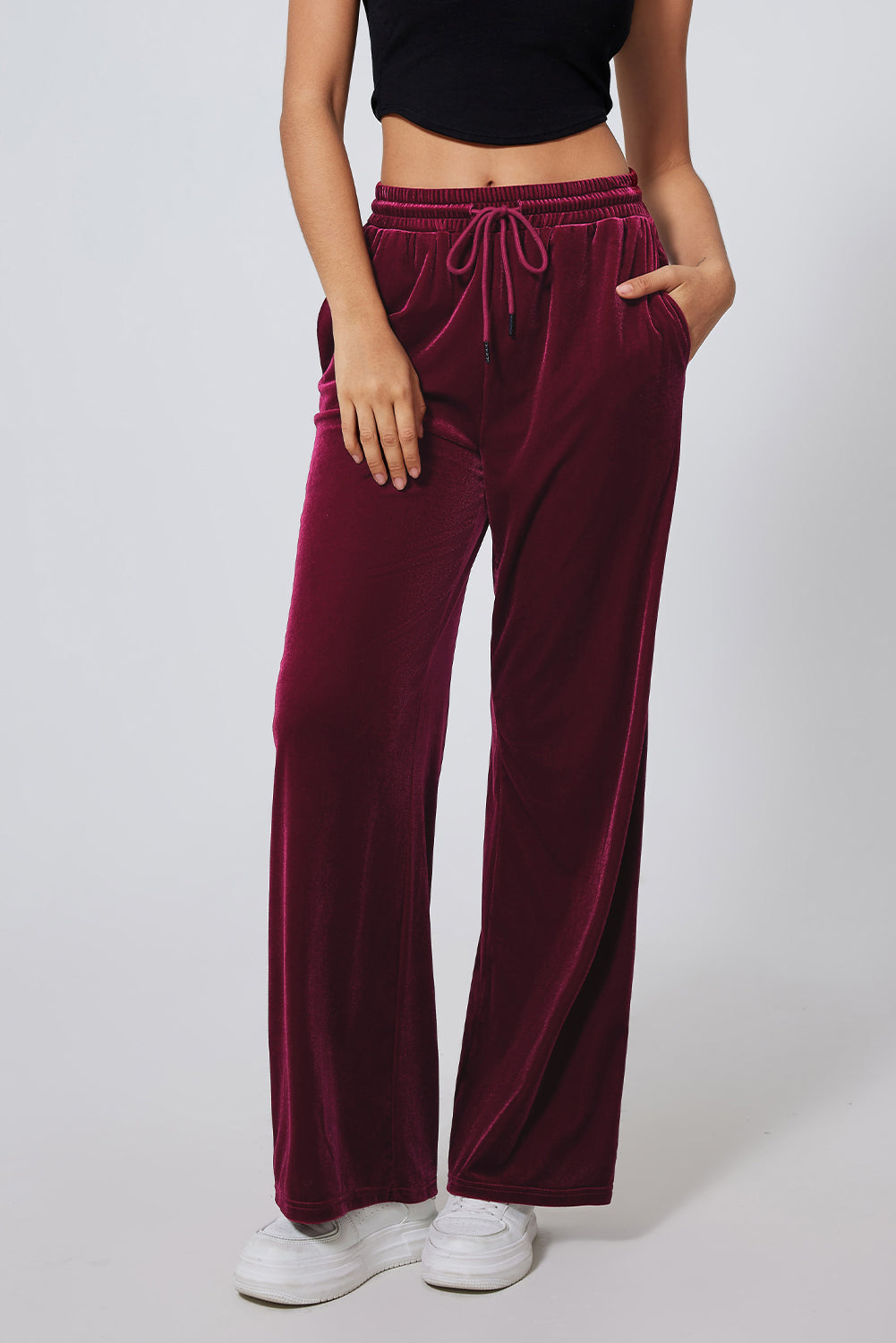 Velvet Drawstring Waist Wide Leg Pants