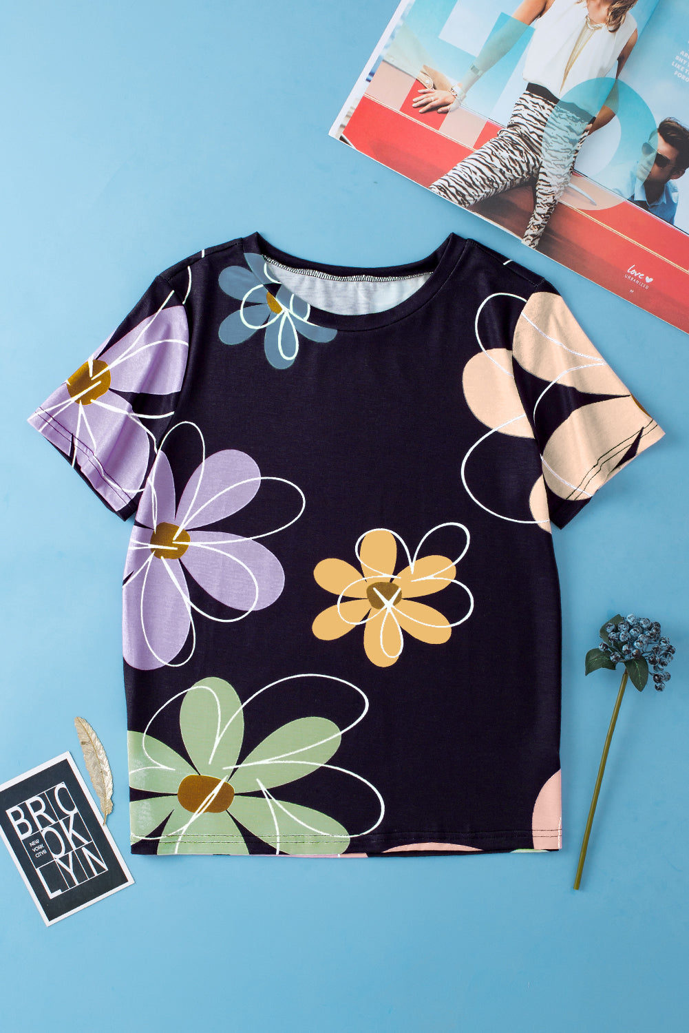Summer Flower Print Casual Round Neck T Shirt