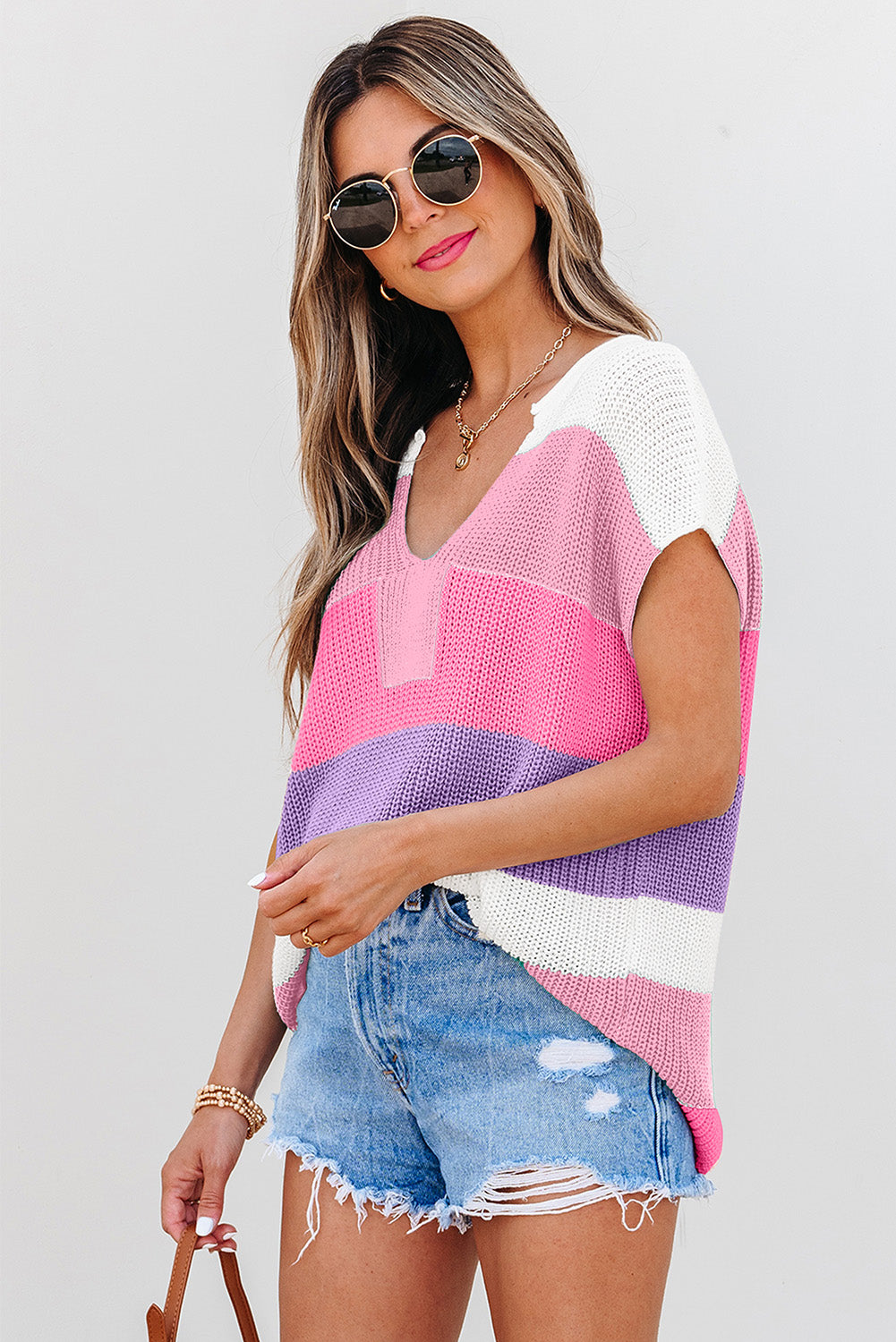 Pink Color Block Notch V Neck T Shirt
