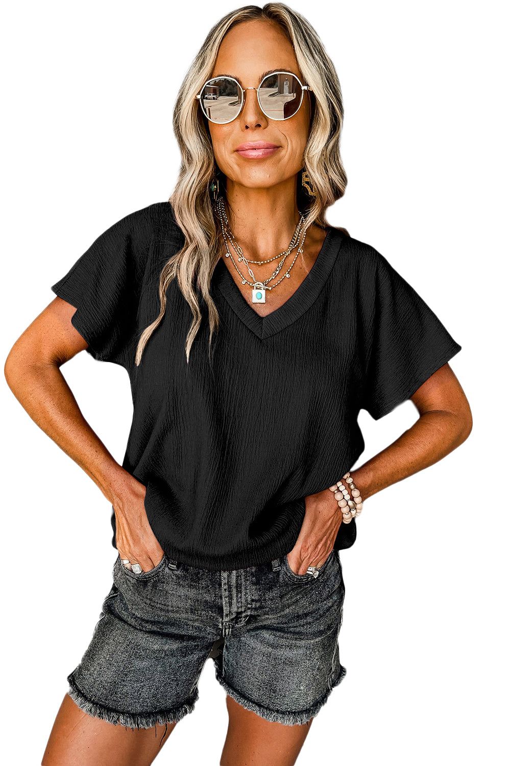 Bright Pink Crinkled V Neck Wide Sleeve T-shirt