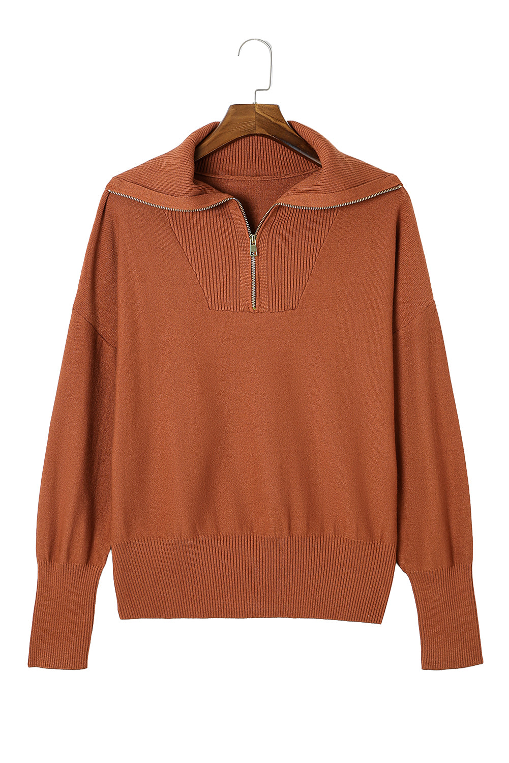 Rose Solid Ribbed Trim Plus Size Zip Collar Sweater