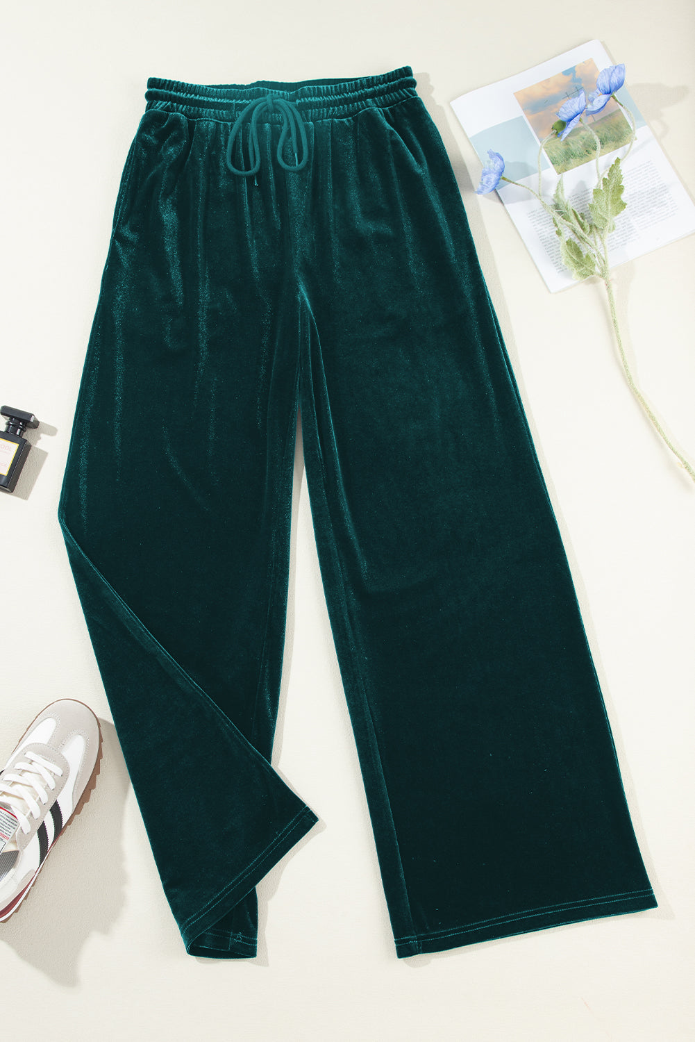 Velvet Drawstring Waist Wide Leg Pants