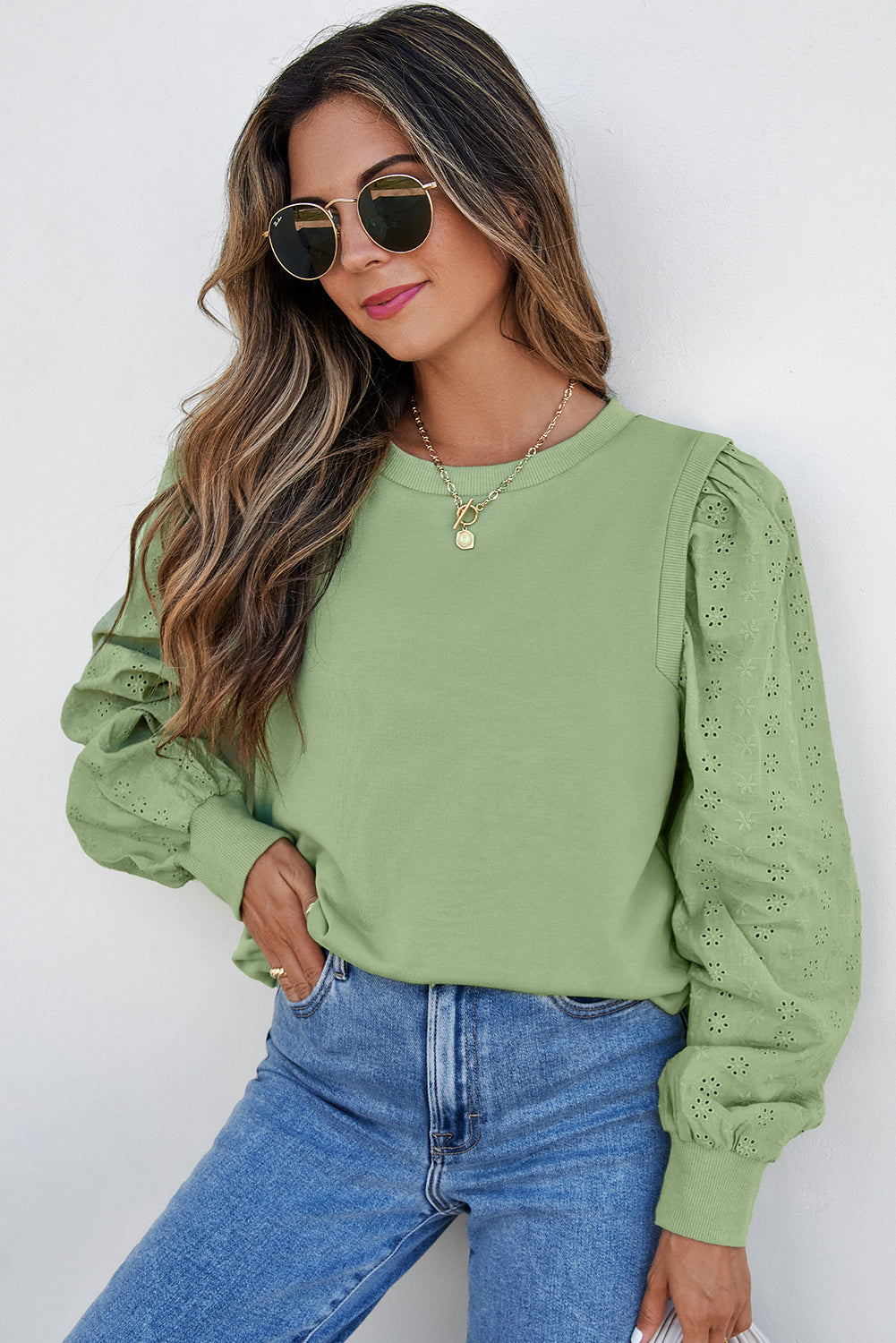 Solid Patchwork Sleeve Round Neck Sweatshirt