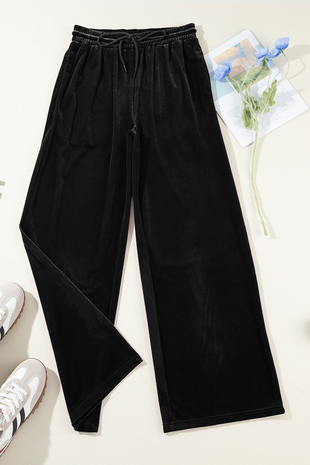 Velvet Drawstring Waist Wide Leg Pants