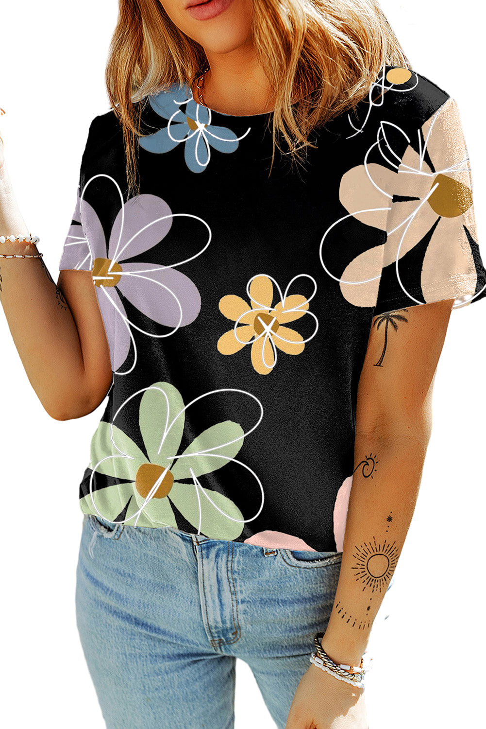 Summer Flower Print Casual Round Neck T Shirt