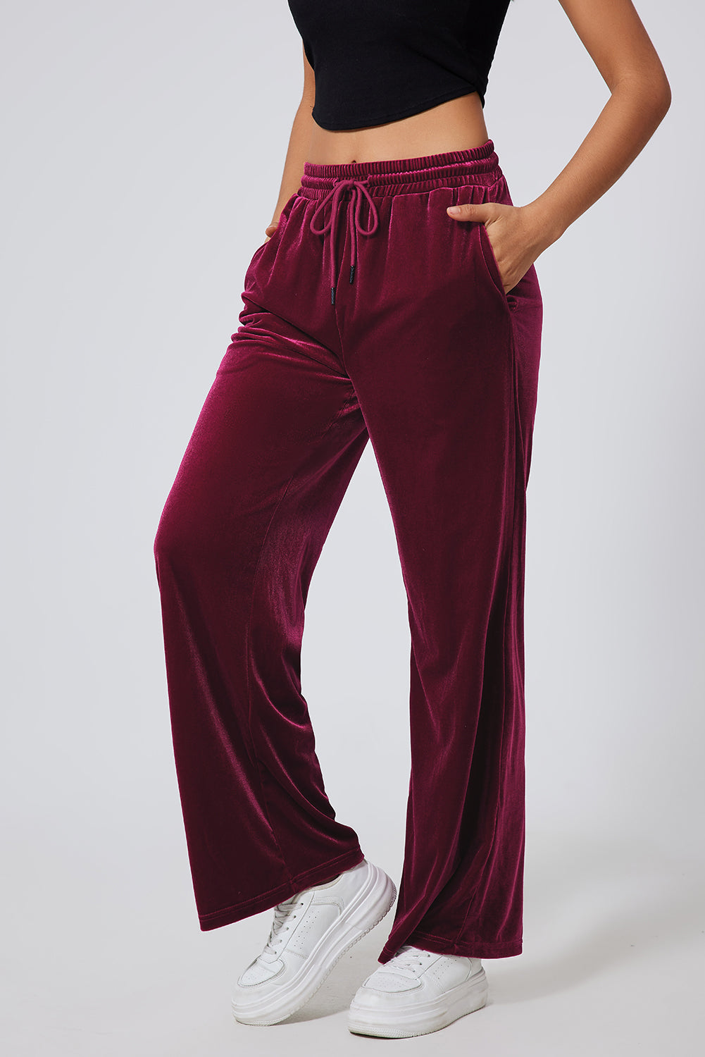 Velvet Drawstring Waist Wide Leg Pants