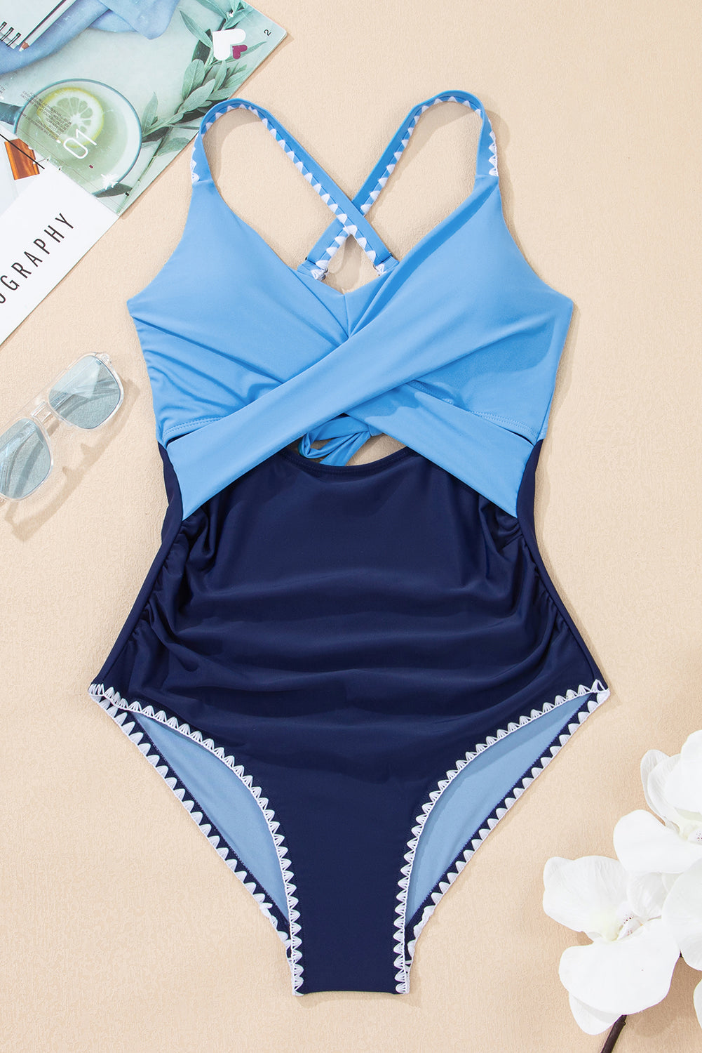 Ric Rac Trim Contrasted Patchwork Cutout One Piece Swimsuit
