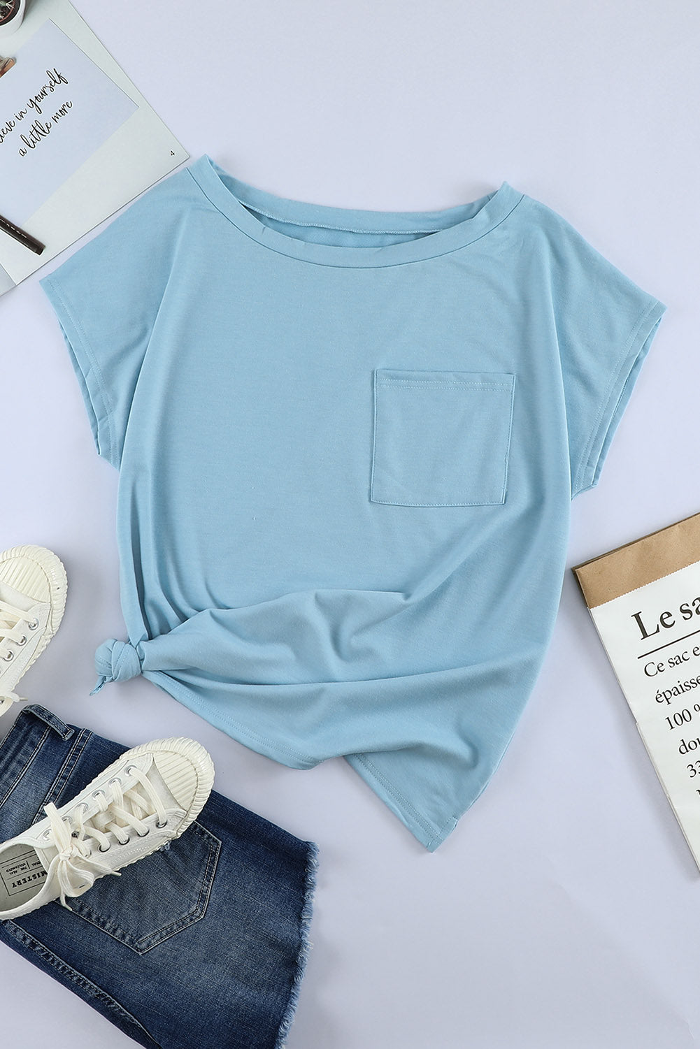 Solid Color Short Sleeve Basic T Shirt with Patch Pocket