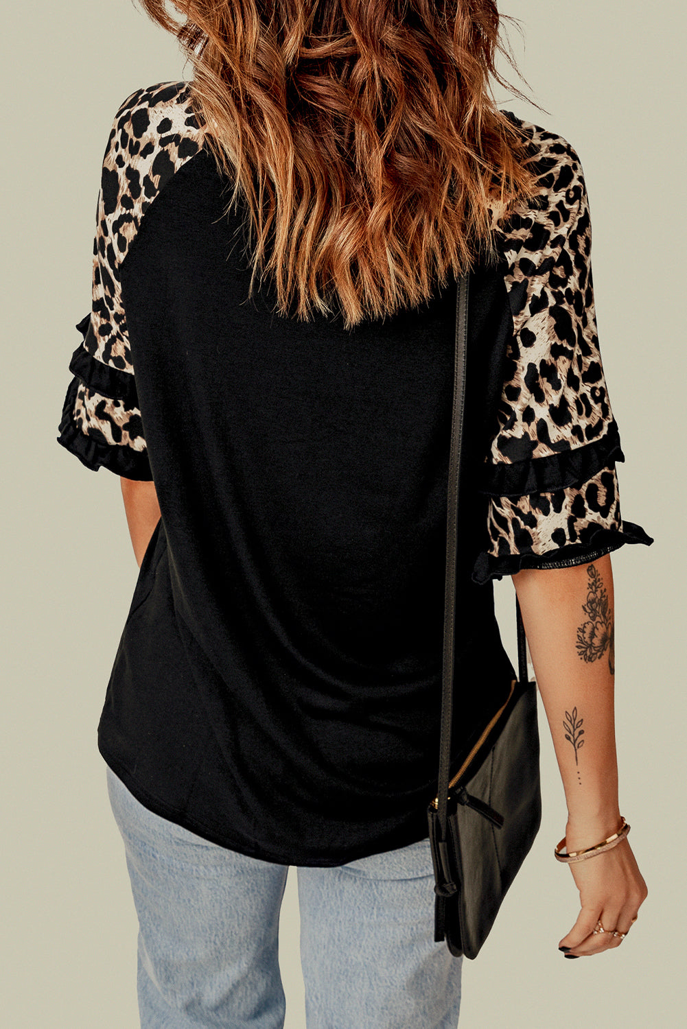 Cheetah Print Tiered Half Sleeve Jewel Neckline Blouse