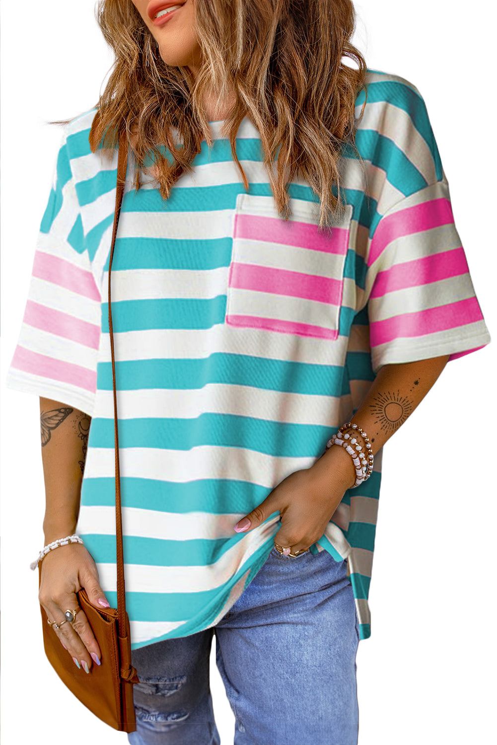Orange Stripe Contrast Patch Pocket Drop Sleeve T Shirt