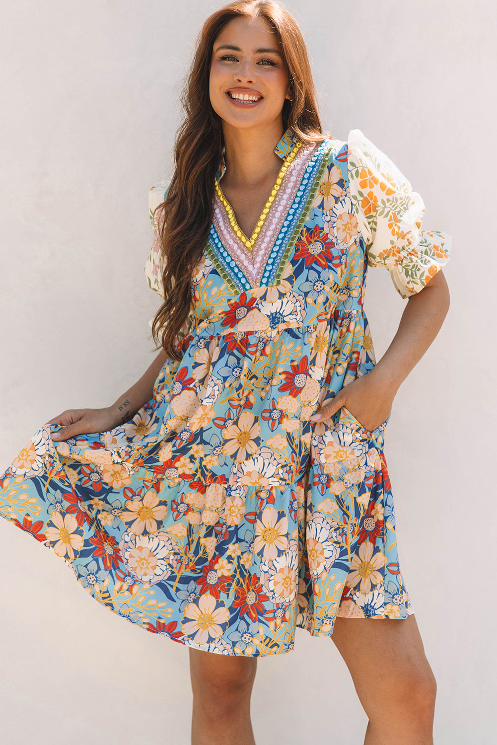 Boho Floral Print Crochet Patchwork Dress