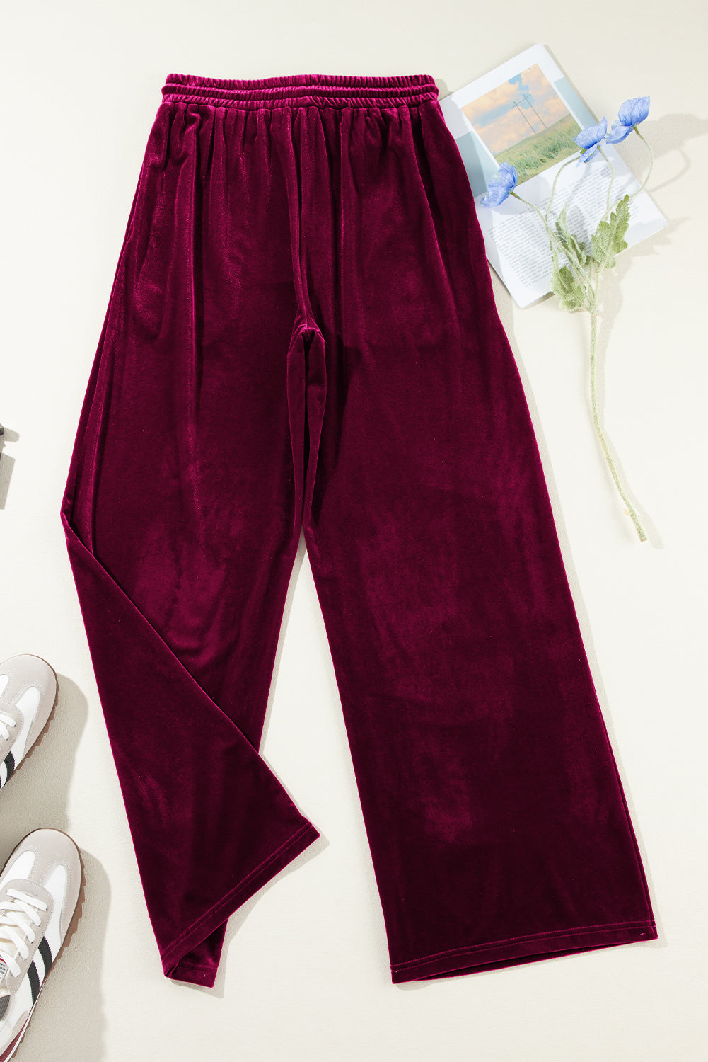 Velvet Drawstring Waist Wide Leg Pants