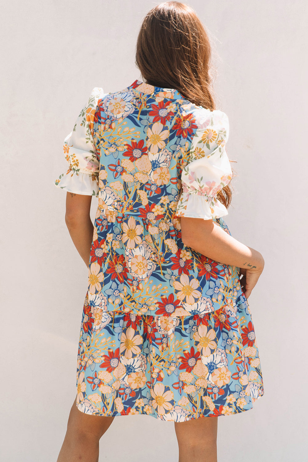 Boho Floral Print Crochet Patchwork Dress