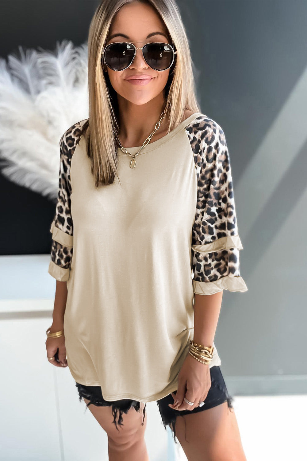Cheetah Print Tiered Half Sleeve Jewel Neckline Blouse