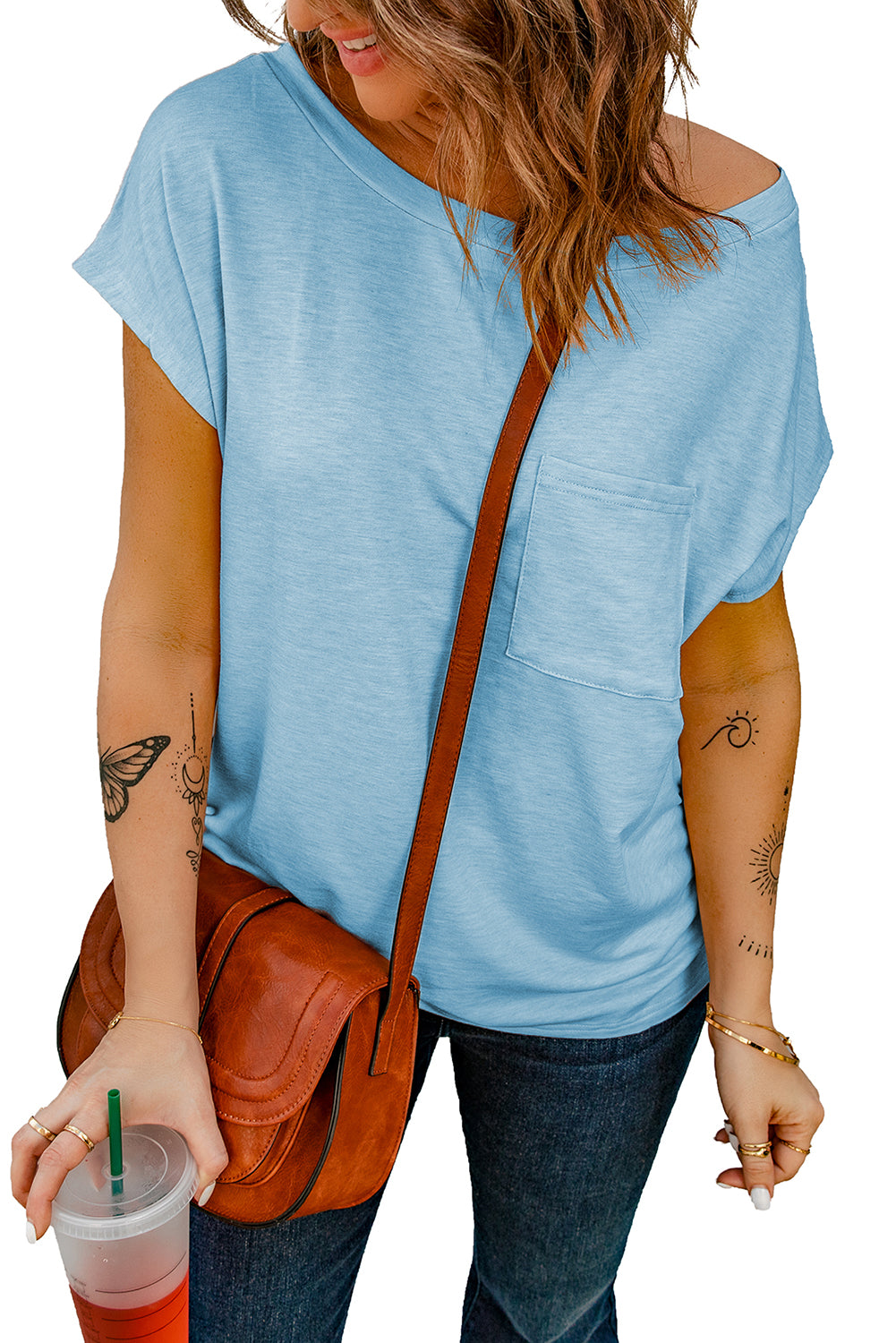 Solid Color Short Sleeve Basic T Shirt with Patch Pocket