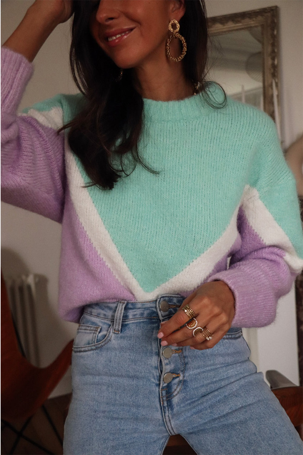 Chevron Colorblock Ribbed Knit Drop Shoulder Sweater