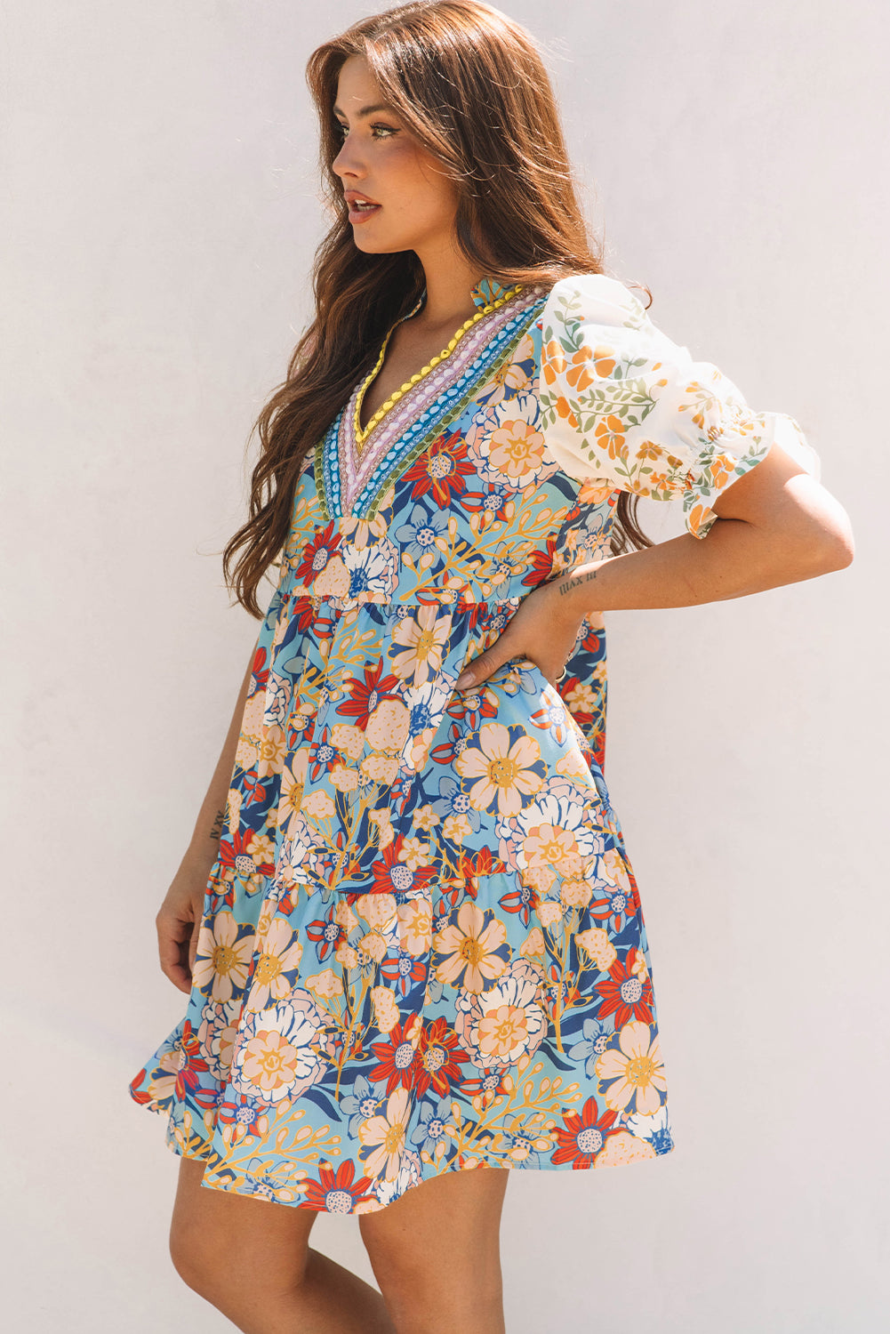 Boho Floral Print Crochet Patchwork Dress