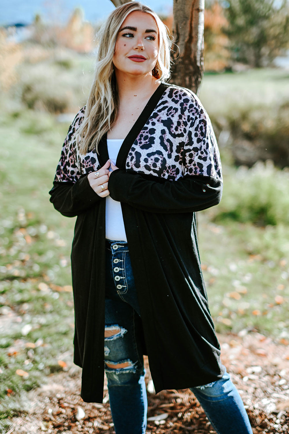 Red Printed Leopard Detail Plus Size Cardigan