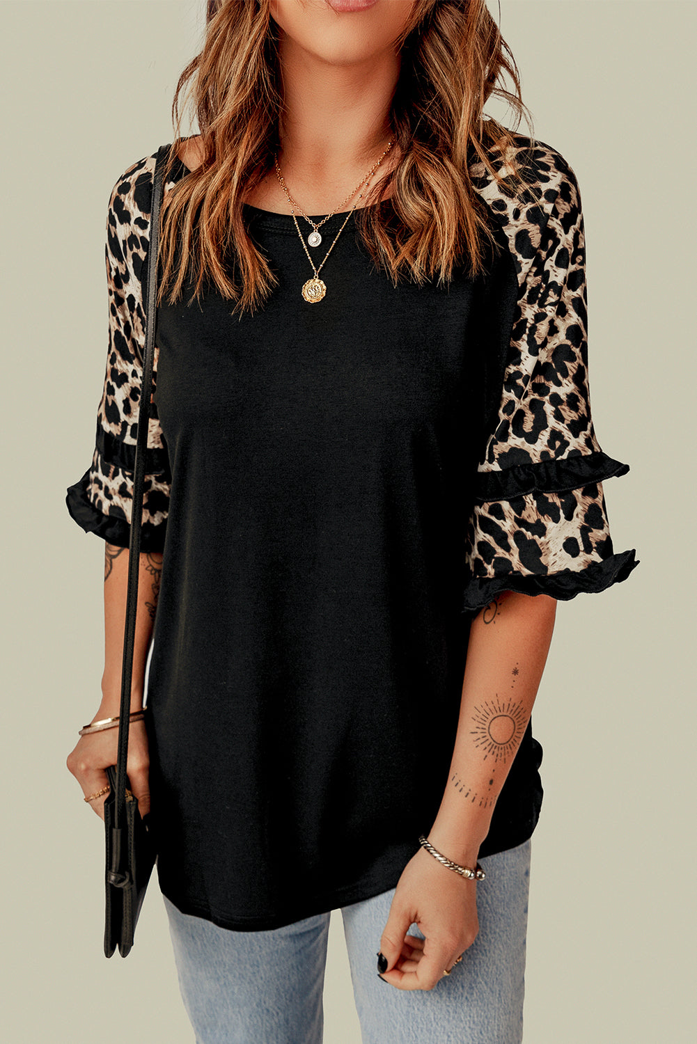 Cheetah Print Tiered Half Sleeve Jewel Neckline Blouse