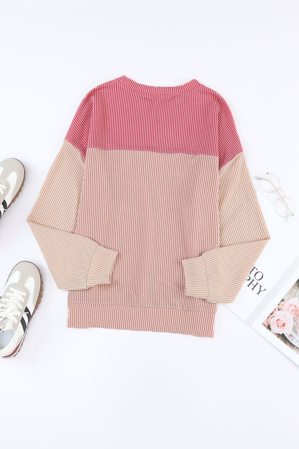 Color Block Ribbed Loose Long Sleeve Top