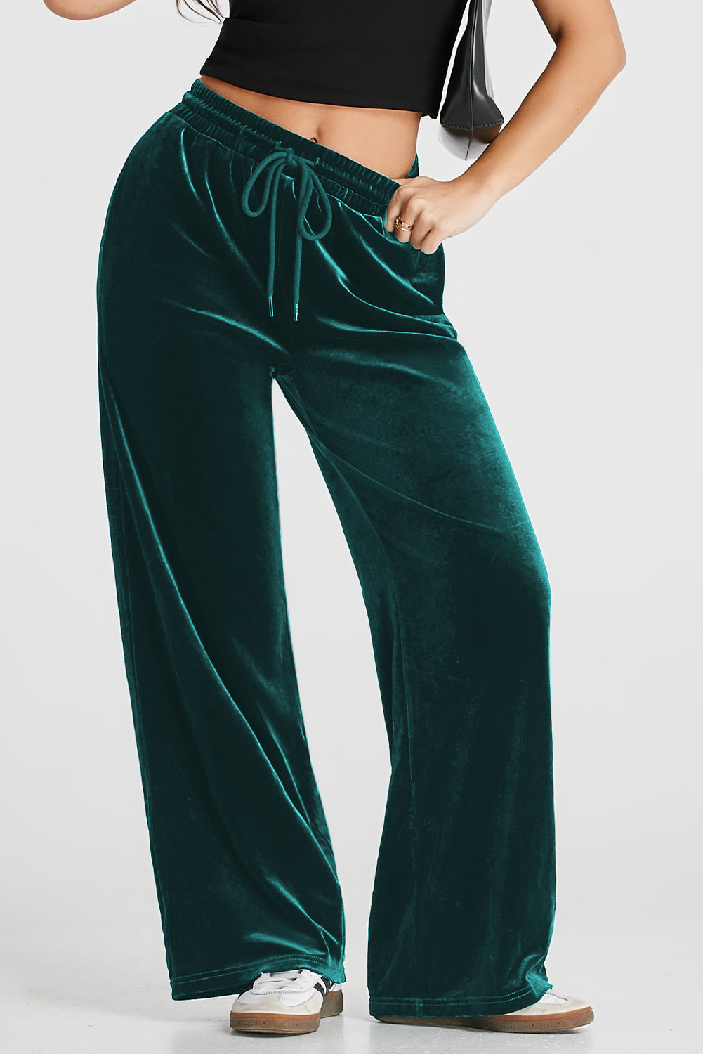 Velvet Drawstring Waist Wide Leg Pants