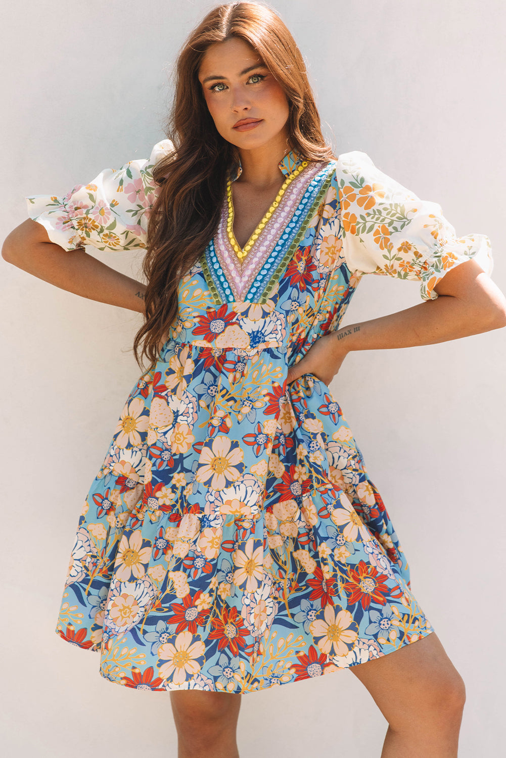 Boho Floral Print Crochet Patchwork Dress