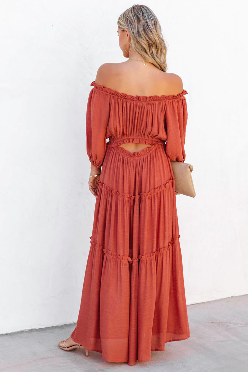 Bare Shoulder Balloon Sleeve Cutout Ruffled Maxi Dress