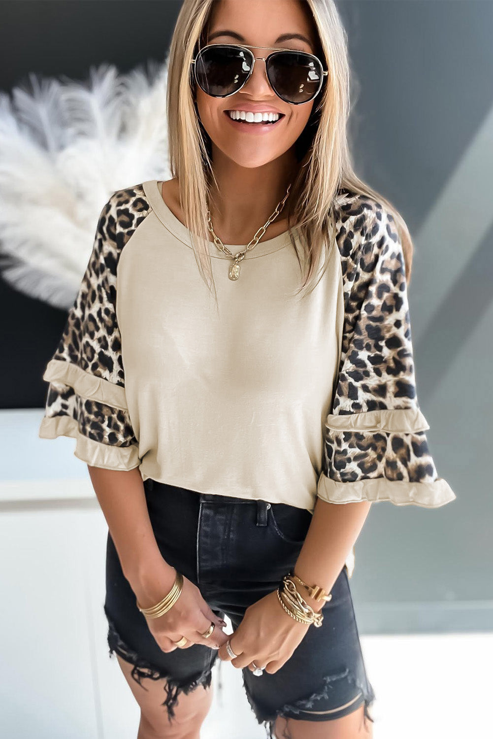 Cheetah Print Tiered Half Sleeve Jewel Neckline Blouse