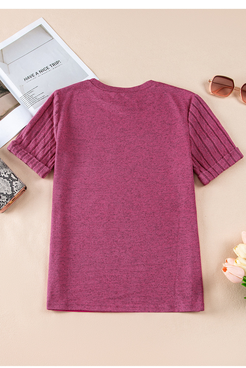Gray Ribbed Splicing Sleeve Round Neck T-shirt