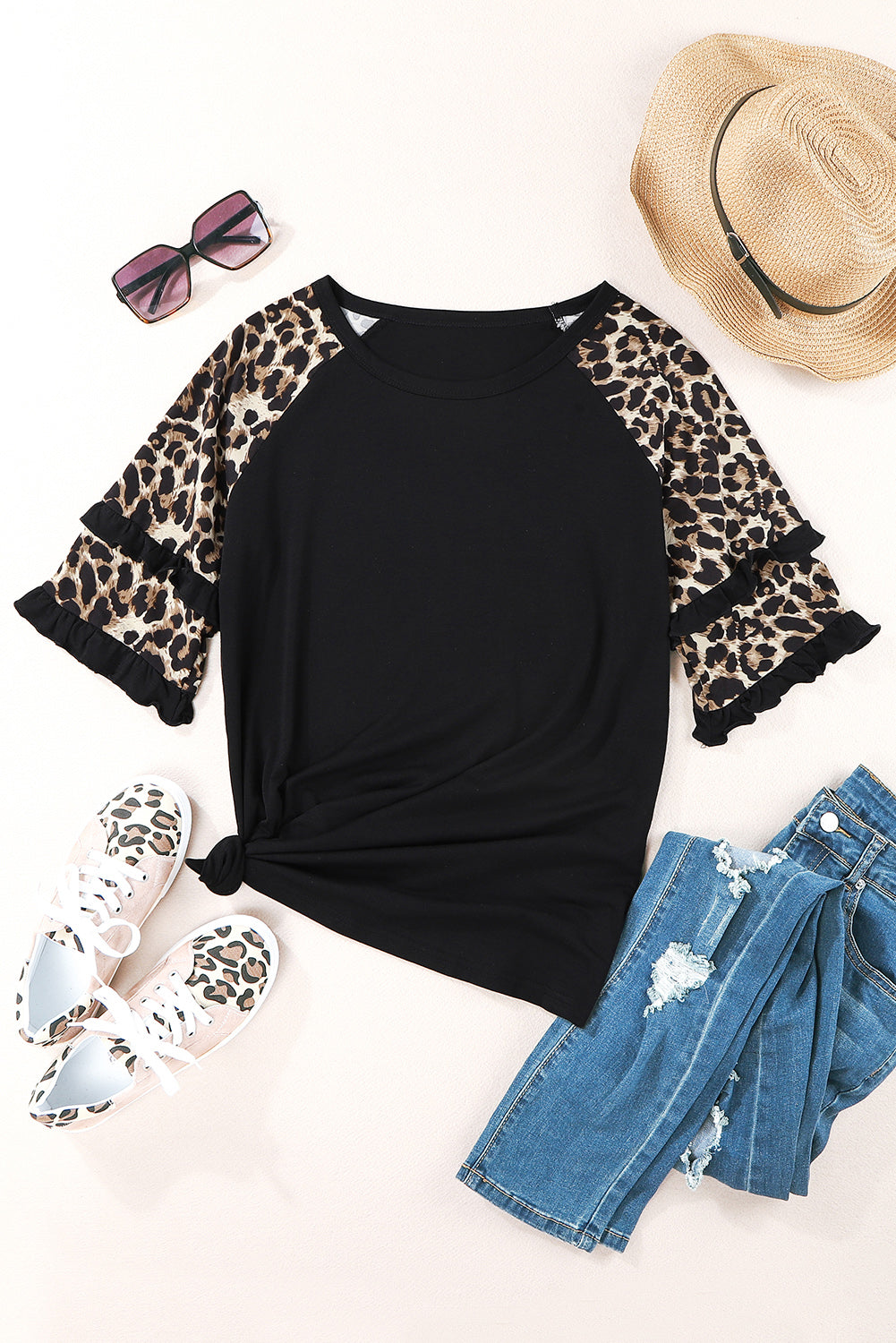 Cheetah Print Tiered Half Sleeve Jewel Neckline Blouse