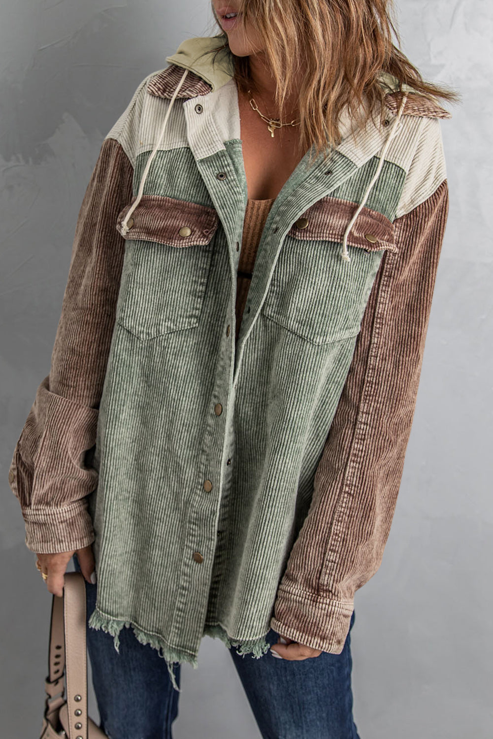 Color Block Button Down Hooded Corduroy Jacket