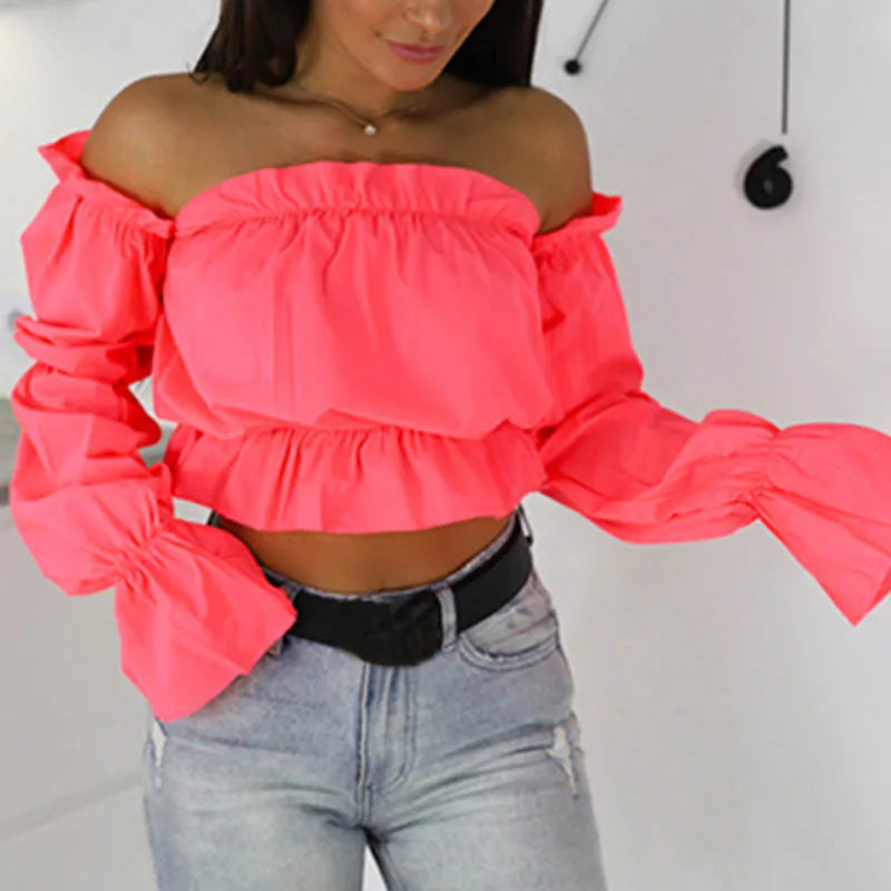 Candy Color Off Shoulder Crop Tops