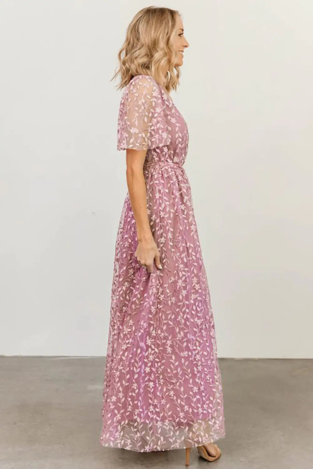 Embossed Wrap V Neck Maxi Dress