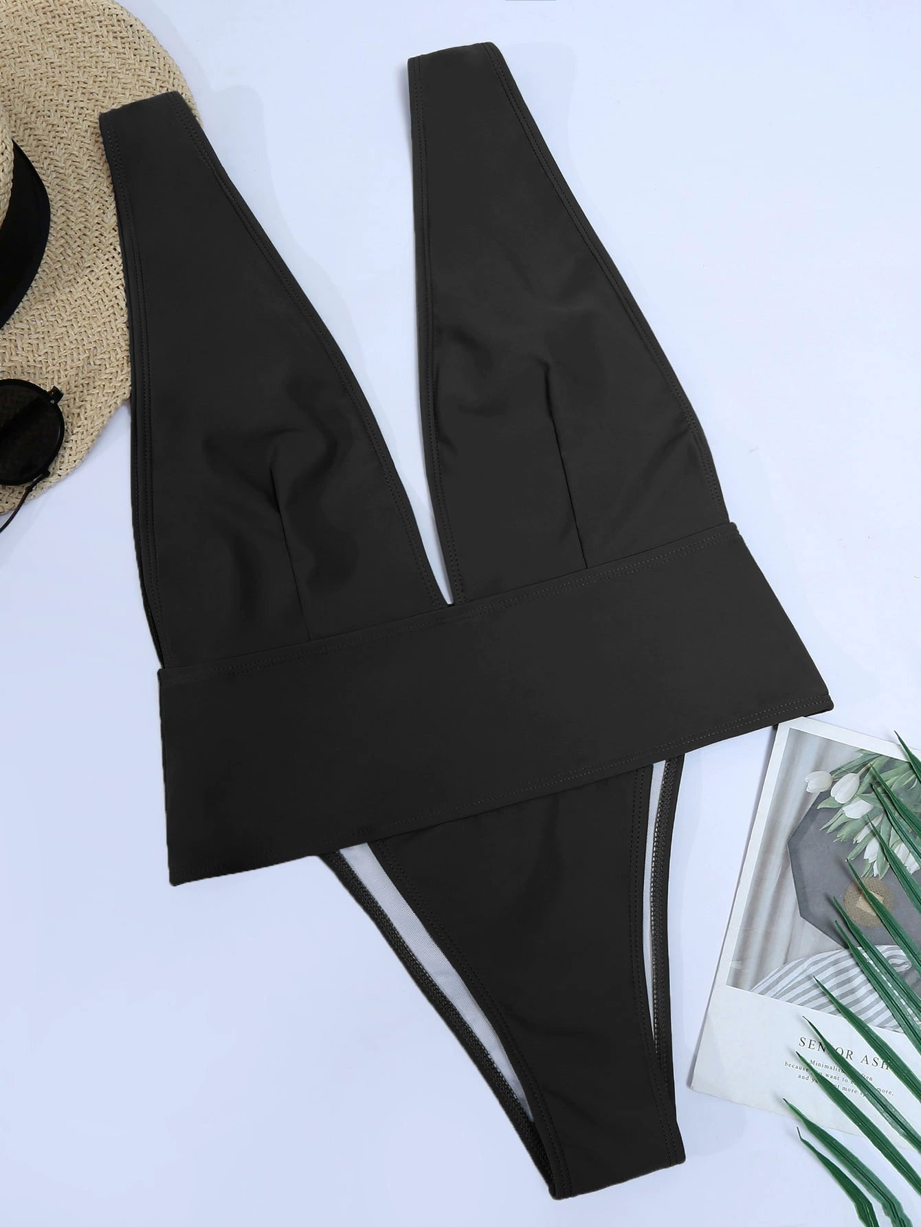 Low-Cut Deep V-neck Casual One-Piece Swimsuit