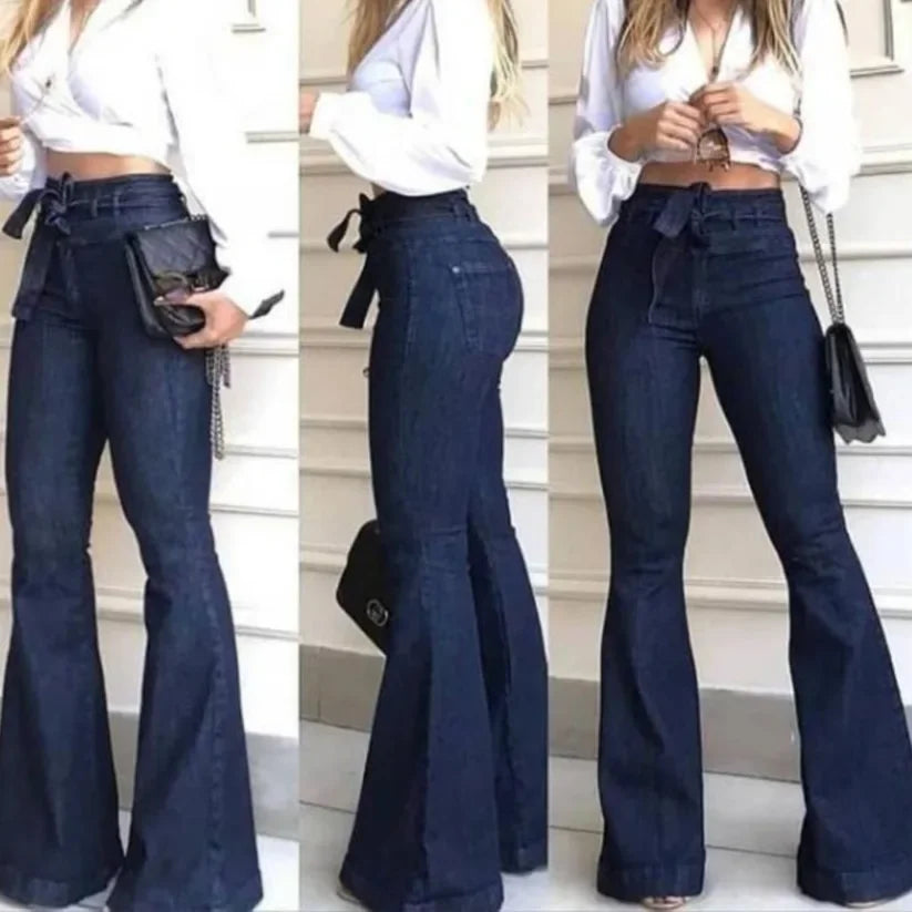 High Waist Flare Pants Zipper Fly Flat Pocket Jeans