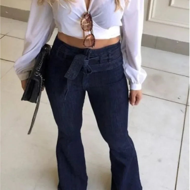 High Waist Flare Pants Zipper Fly Flat Pocket Jeans